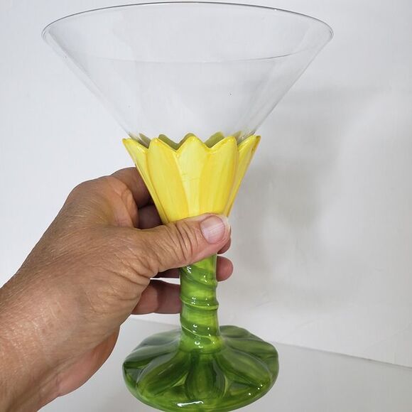 222 Fifth Yellow Sunflower Tall Margarita Glass Large Tropical Coastal - Picture 7 of 7
